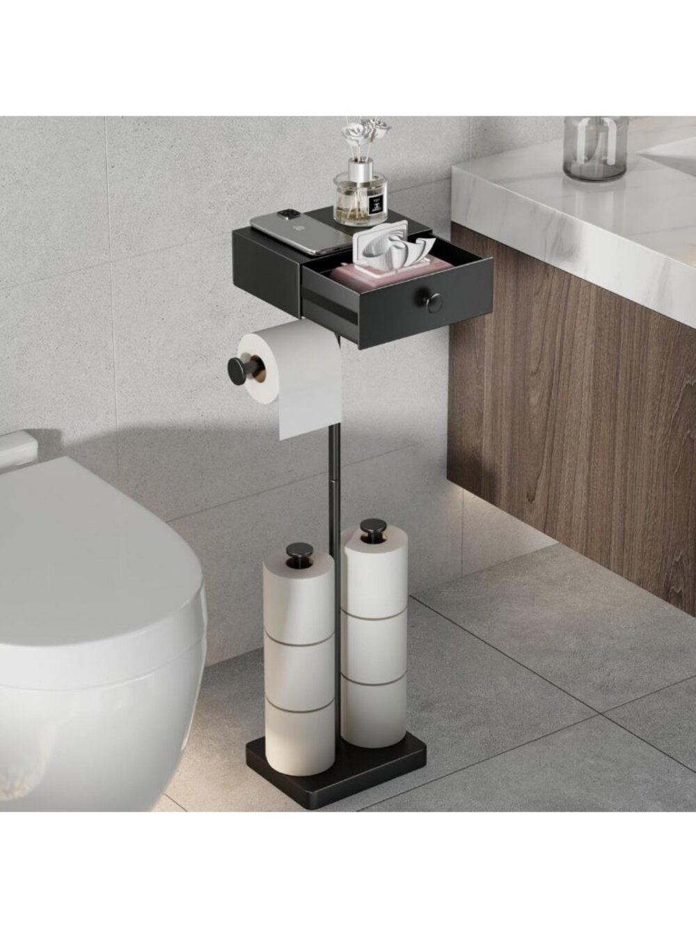Freestanding Black Toilet Paper Holder with Shelf & Wipes Drawer - Heavy Duty